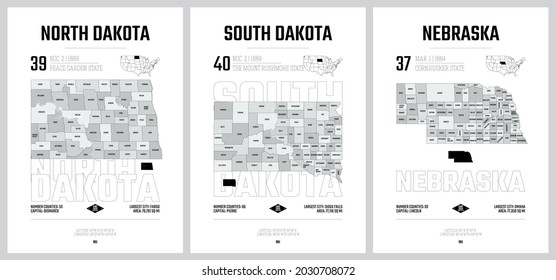 Highly detailed vector silhouettes of US state maps, Division United States into counties, political and geographic subdivisions - North Dakota, South Dakota, Nebraska - set 7 of 17