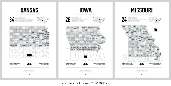 Highly detailed vector silhouettes of US state maps, Division United States into counties, political and geographic subdivisions of a states, West North Central - Kansas, Iowa, Missouri - set 6 of 17