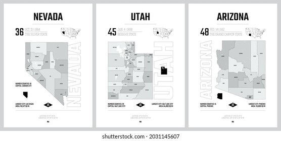 Highly detailed vector silhouettes of US state maps, Division United States into counties, political and geographic subdivisions of a states, Mountain - Nevada, Utah, Arizona 