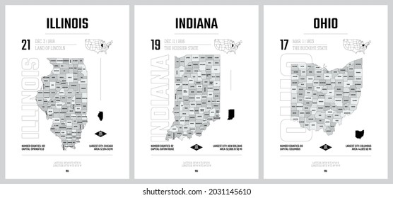 Highly detailed vector silhouettes of US state maps, Division United States into counties, political and geographic subdivisions of a states, East North Central - Illinois, Indiana, Ohio 