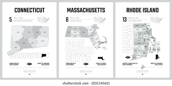 Highly detailed vector silhouettes of US state maps, Division United States into counties, political and geographic subdivisions, New England - Connecticut, Massachusetts, Rhode Island 