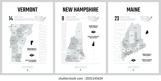 Highly detailed vector silhouettes of US state maps, Division United States into counties, political and geographic subdivisions of a states, New England - Vermont, New Hampshire, Maine