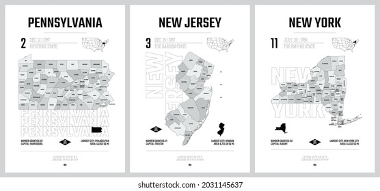 Highly detailed vector silhouettes of US state maps, Division United States into counties, political and geographic subdivisions of a states, Pennsylvania, New Jersey, New York 