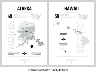 Highly detailed vector silhouettes of US state maps, Division United States into counties, political and geographic subdivisions of a states, Pacific - Alaska, Hawaii