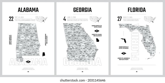 Siluetas vectoriales muy detalladas de los mapas estatales de los EE.UU., división de los Estados Unidos en condados, subdivisiones políticas y geográficas, Atlántico Sur - Alabama, Georgia, Florida