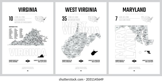 Highly detailed vector silhouettes of US state maps, Division United States into counties, political and geographic subdivisions, South Atlantic - Virginia, West Virginia, Maryland  