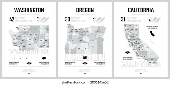 Highly detailed vector silhouettes of US state maps, Division United States into counties, political and geographic subdivisions of a states, Pacific - Washington, Oregon, California 