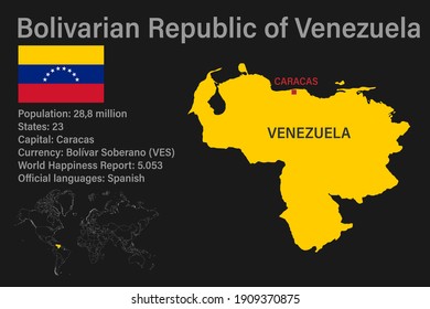 Mapa muy detallado de Venezuela con bandera, capital y pequeño mapa del mundo