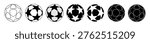 A highly detailed and versatile set of premium soccer ball vector icons featuring a distinctive star-shaped panel pattern. Carefully crafted in seven unique graphic styles, this collection includes clean minimalist outlines, classic black and white variations, and striking inverted designs (white stars on black, solid black with white contours). The star motif makes these balls ideal for elite tournament branding, championship graphics, sports league logos, athletic event posters, and professional UI UX elements. Fully editable vector shapes, completely isolated on a white background, ensuring seamless integration into your high-end sports designs