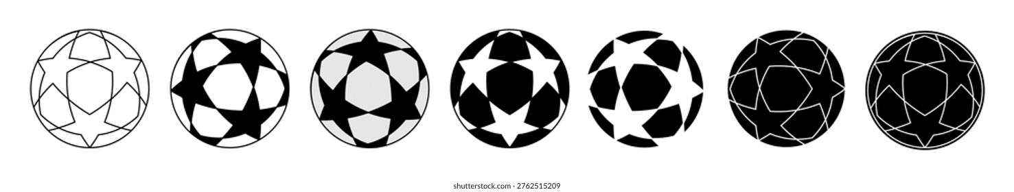A highly detailed and versatile set of premium soccer ball vector icons featuring a distinctive star-shaped panel pattern. Carefully crafted in seven unique graphic styles, this collection includes clean minimalist outlines, classic black and white variations, and striking inverted designs (white stars on black, solid black with white contours). The star motif makes these balls ideal for elite tournament branding, championship graphics, sports league logos, athletic event posters, and professional UI UX elements. Fully editable vector shapes, completely isolated on a white background, ensuring seamless integration into your high-end sports designs