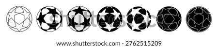 A highly detailed and versatile set of premium soccer ball vector icons featuring a distinctive star-shaped panel pattern. Carefully crafted in seven unique graphic styles, this collection includes clean minimalist outlines, classic black and white variations, and striking inverted designs (white stars on black, solid black with white contours). The star motif makes these balls ideal for elite tournament branding, championship graphics, sports league logos, athletic event posters, and professional UI UX elements. Fully editable vector shapes, completely isolated on a white background, ensuring seamless integration into your high-end sports designs