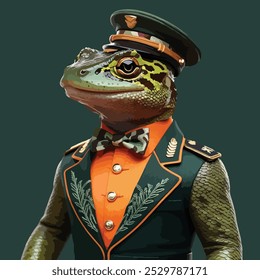 eine sehr detaillierte, lebendige Illustration eines Salamanders, der eine Miniatur-Armeeuniform trägt, bestehend aus einem hellen orangefarbenen Kleiderhemd mit goldenen Knöpfen, einer eingepassten grünen Armeejacke 