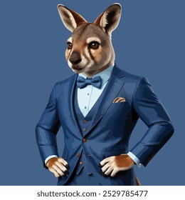 a highly detailed, vibrant illustration of a wallaby dressed in a fitted, indigo denim suit with subtle texture, a soft, pale blue dress shirt with a relaxed collar, and a matching indigo denim bowtie