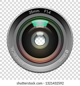 Highly detailed video or photo camera lens 35mm F1,4 close up image, n transparent background. Vector illustration