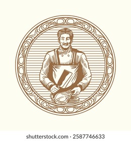 A highly detailed vintage-style butcher emblem logo featuring a classic engraving of a butcher holding a fresh cut of meat