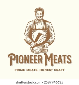 A highly detailed vintage-style butcher emblem logo featuring a classic engraving of a butcher holding a fresh cut of meat