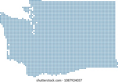 Highly detailed Washington map dots. Dotted Washington state of USA map vector outline. Pixel art map of Washington state of United States in blue illustration background