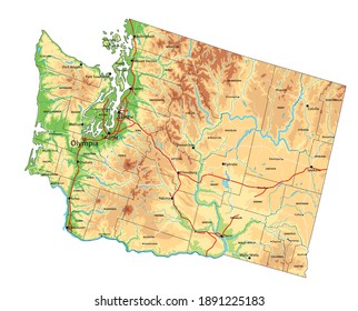 Highly detailed Washington physical map with labeling.