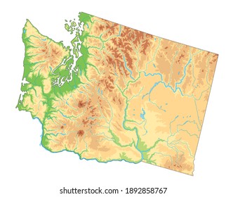 Highly detailed Washington physical map.