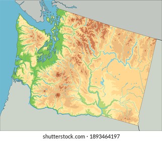 Highly detailed Washington physical map.