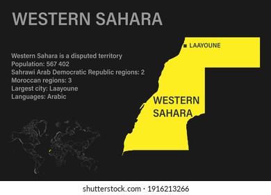 Highly detailed Western Sahara map with flag, capital and small map of the world