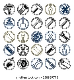 Highly detailed work tools collection, carpentry and industry tools. Repair instruments isolated on white. Technical theme icons.