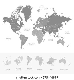 Highly detailed world map continents with labelling of country. Grayscale vector illustration.