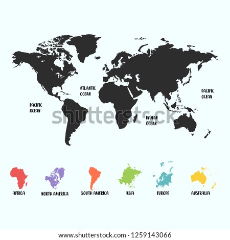 Highly detailed world map continents with labelling of country. Grayscale vector illustration. 
