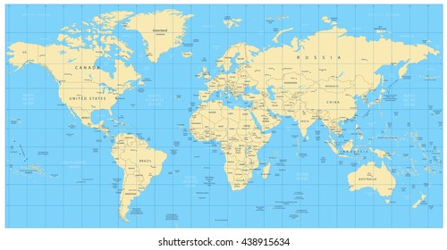 Highly detailed world map: countries, cities, water objects. All elements are separated in editable layers clearly labeled.