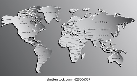 Highly Detailed World Map Engraved on Grey with National Borders. 3D Vector Illustration