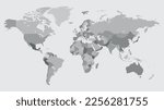 Highly detailed world map with labeling. Grayscale vector illustration 10 eps.