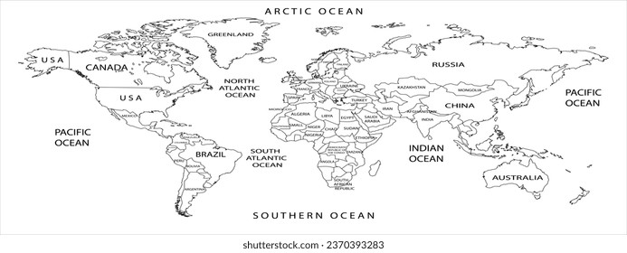 Highly detailed world map with labeling. Linear vector illustration.