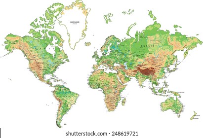 Highly detailed World map with labeling. Vector illustration.