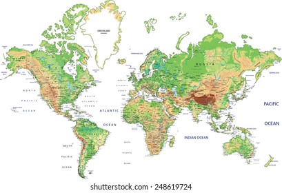 Highly detailed World map with labeling. Vector illustration.