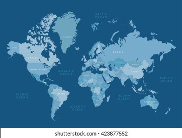 Highly detailed world map with labeling. Vector illustration.