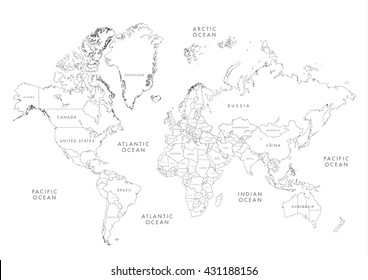Highly detailed world map with labeling. Linear vector illustration.