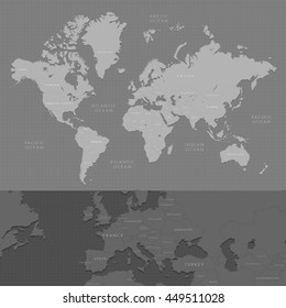 Highly detailed world map with labelling, increased of the European countries. Dark grayscale vector illustration.