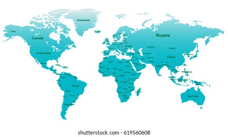 Highly Detailed World Map with National Borders in Blue. Vector Illustration