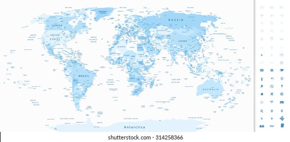 Highly detailed World Map in shades of soft blue colors and navigation icons/Detailed World Map blue colors.