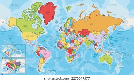 Highly detailed World Map vector illustration with different colors for each country. Editable and clearly labeled layers.