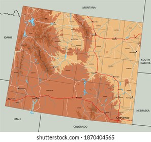 Highly detailed Wyoming physical map with labeling.