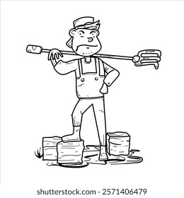 A highly detailed yet cartoon-style illustration of a farmer posing with a large pitchfork while stepping on a haystack. The character is depicted with expressive facial features, textured clothing, a