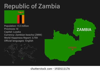 Highly detailed Zambia map with flag, capital and small map of the world