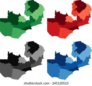 Highly detailed Zambia political map in four different color. Isolated, editable.