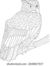 Highly Detailed Zentangle Style Owl Perched on a Branch, Featuring Intricate Patterns and Elegant Line Art. Perfect for Adult Coloring Books, Meditation, or Nature-Inspired Design Projects.