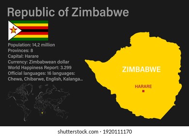 Highly detailed Zimbabwe map with flag, capital and small map of the world