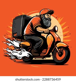 A highly efficient delivery man swiftly performs his duties while wearing a uniform and an orange cap, looking extremely professional as he rides his motorcycle.