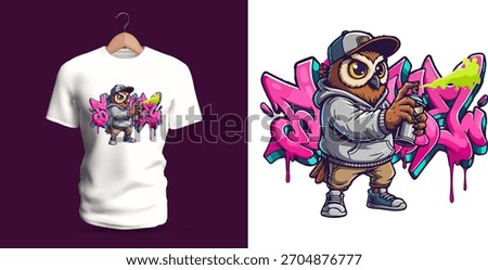 Highly expressive t-shirt vector illustration of a street-style owl dressed in a hoodie, cap, and sneakers while holding a spray can, creating bright dripping graffiti letters in vibrant pink, blue