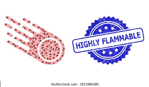 Highly Flammable scratched stamp and vector recursion mosaic falling meteorite. Blue stamp contains Highly Flammable tag inside rosette.