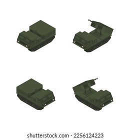 Highly mobile artillery missile system on caterpillar tracks. Flat 3D isometric style.
